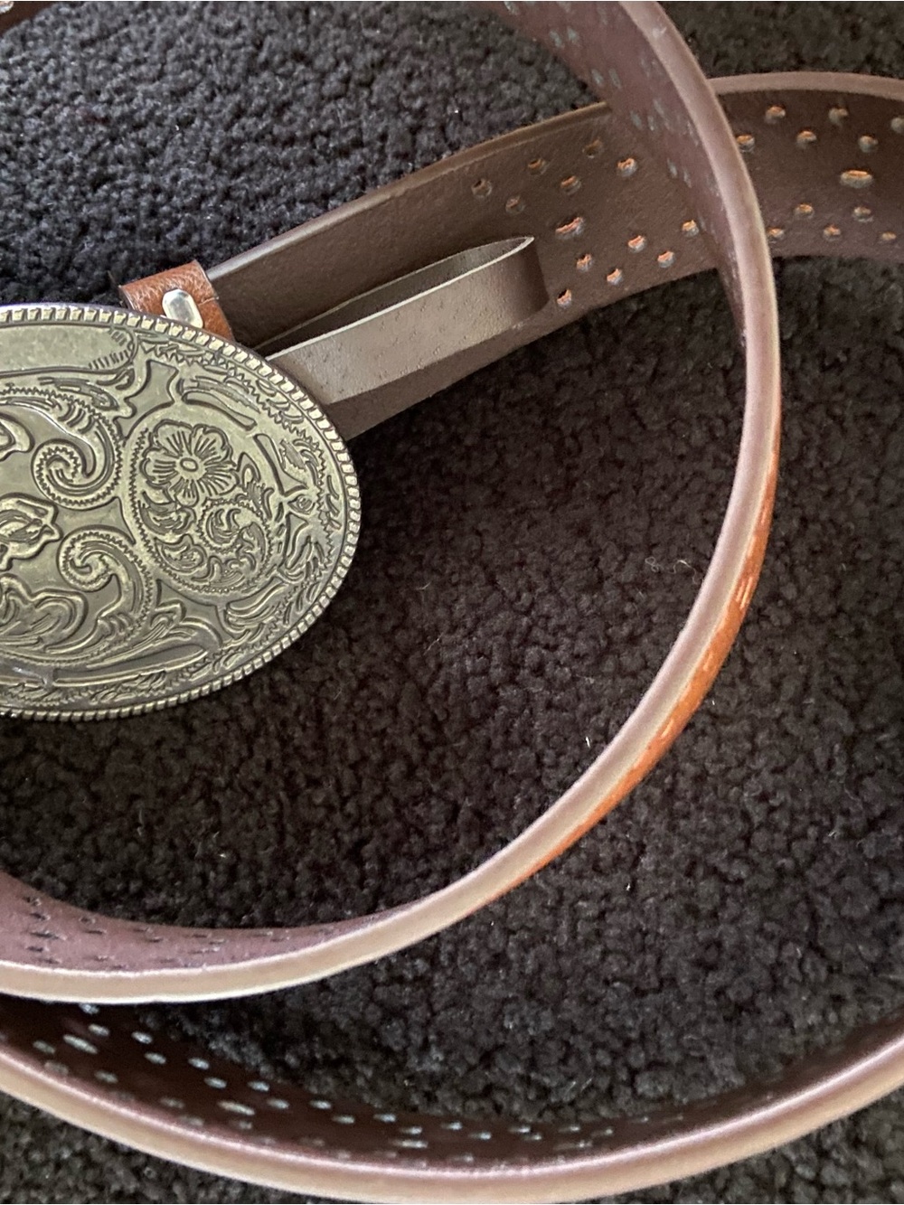 Brown wrangler Leather Western-Style Belt with Ornate Silver Buckle